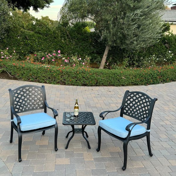 Nassau 3 Pc Cast Aluminum Conversation Set in Antique Bronze w/ Blue Cushions By Darlee