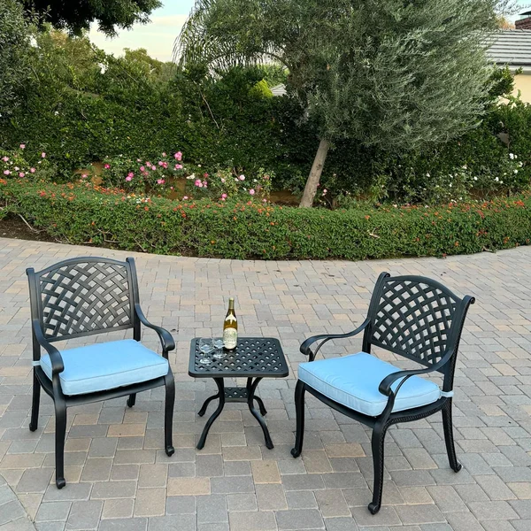 Nassau 3 Pc Cast Aluminum Conversation Set in Antique Bronze w/ Blue Cushions By Darlee