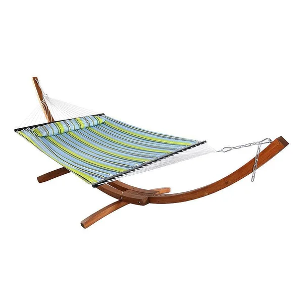 Ultimate Patio Quilted Double Hammock w/ 13-Foot Wood Stand & Pillow - Blue & Green