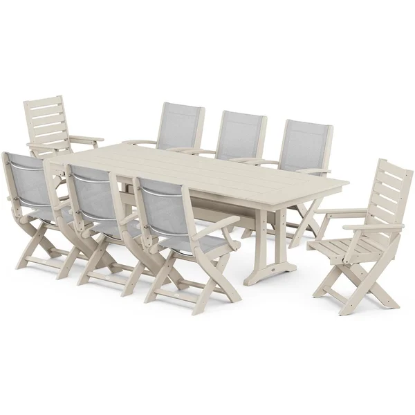 POLYWOOD x BBQGuys Creekside 9 Pc Recycled Plastic Dining Set W/ White Sling in Sand
