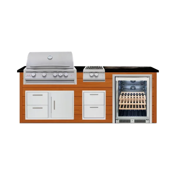 BBQGuys Signature 8 Ft Outdoor Kitchen Island w/ 32 Inch Natural Gas Blaze LTE+ Grill Power Burner & Beverage Center | Chai Cedar w/ Titanium Granite