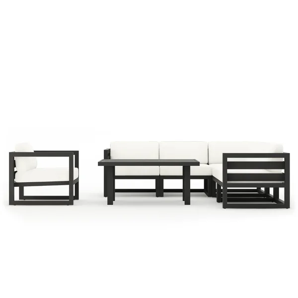 Misty Cove 7 Pc Aluminum Seating Set w/ Sectional & Classic Chat Table in Slate/Canvas Natural by Lakeview Outdoor Designs