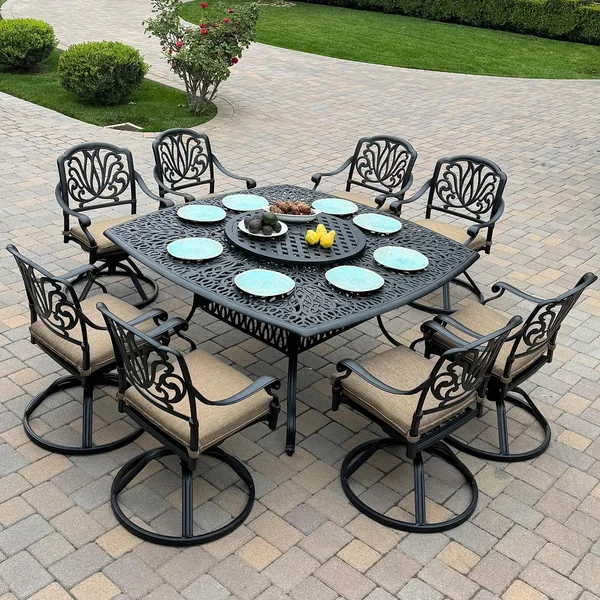 Elisabeth 10 Pc Cast Aluminum Dining Set w/ 64 Inch Table & Swivel Rockers in Antique Bronze/Sesame by Darlee