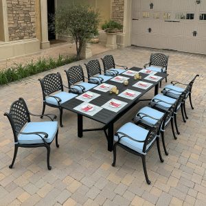 Nassau 11 Pc Cast Aluminum Dining Set in Antique Bronze w/ Blue Cushions By Darlee