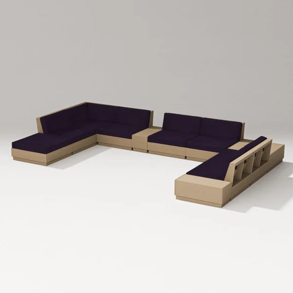 Elevate 11 Pc Recycled Plastic Sectional Seating Set in Vintage Sahara/Navy Linen By PW Designer Series