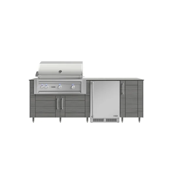 WeatherStrong Bimini 7 1/2 Ft Outdoor Kitchen Island w/ Lynx Natural Gas Grill & Refrigerator in Dark Ash/Glacier Frost