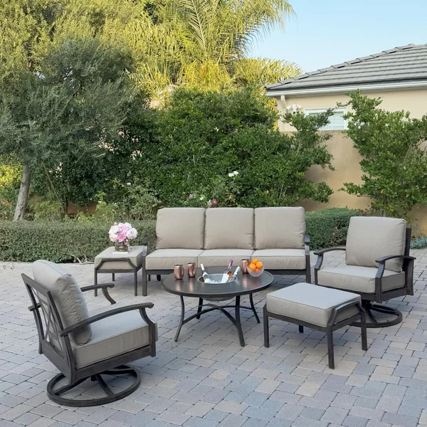 Atlantis 6 Pc Aluminum Seating Set w/ Sofa, 2 Swivel Rocker Club Chairs, 2 Ottomans & Ice Bucket in Walnut/Beige by Darlee