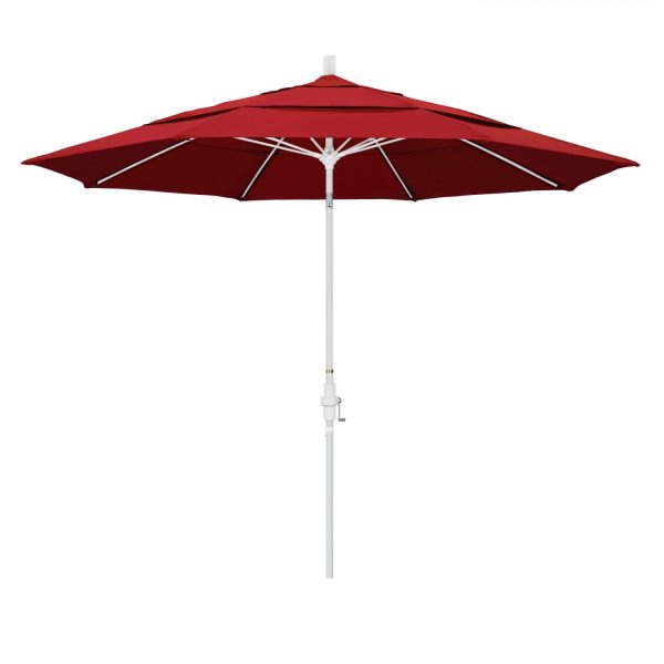 California Umbrella 11 Ft. Octagonal Aluminum Collar Tilt Patio Umbrella W/ Crank Lift & Fiberglass Ribs - Matted White Frame / Sunbrella Canvas Jockey Red Canopy