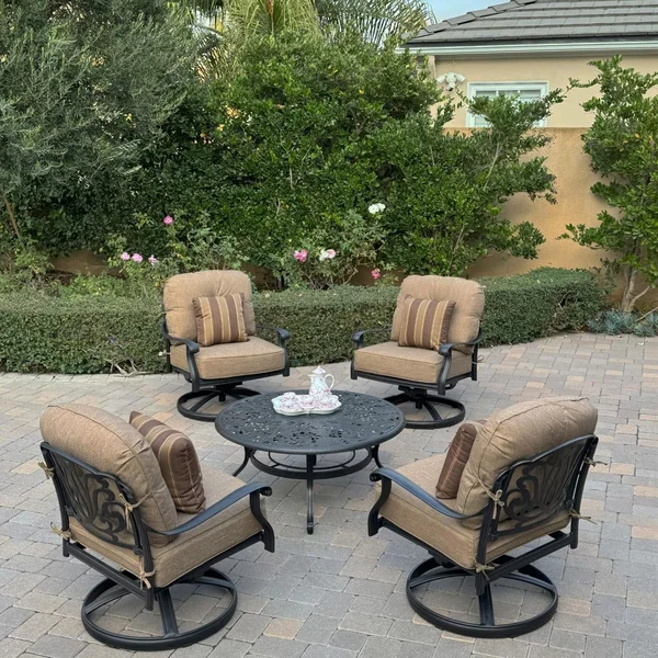 Elisabeth 5 Pc Cast Aluminum Seating Set w/ Swivel Rocker Chairs in Antique Bronze/Sesame by Darlee