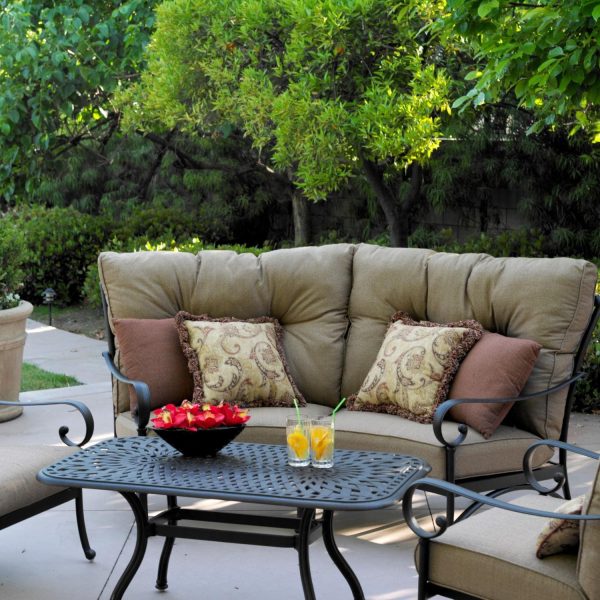 Santa Anita 5 Pc Cast Aluminum Sectional Seating Set w/ 48 X 26 Inch Series 60 Table in Antique Bronze/Linen Sesame by Darlee