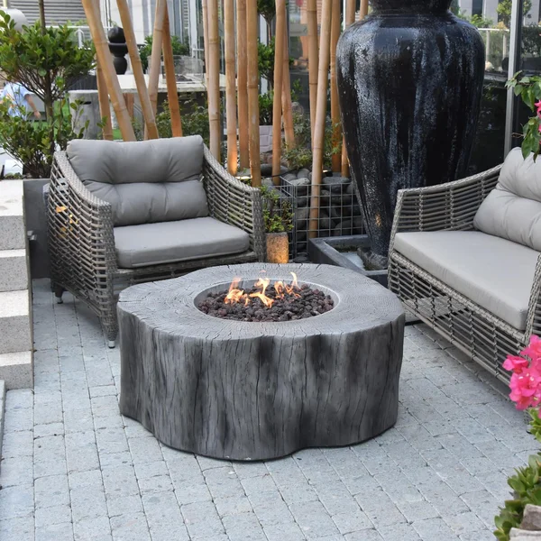 Camille Way 39 Inch Round GFRC Propane Fire Pit Table in Classic Gray by Lakeview Outdoor Designs