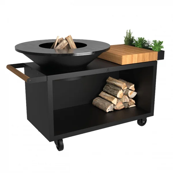 OFYR Island Black 100 PRO Teak Wood 70 Inch Wood-Fired Grill Center - OIB-100-PRO-TW