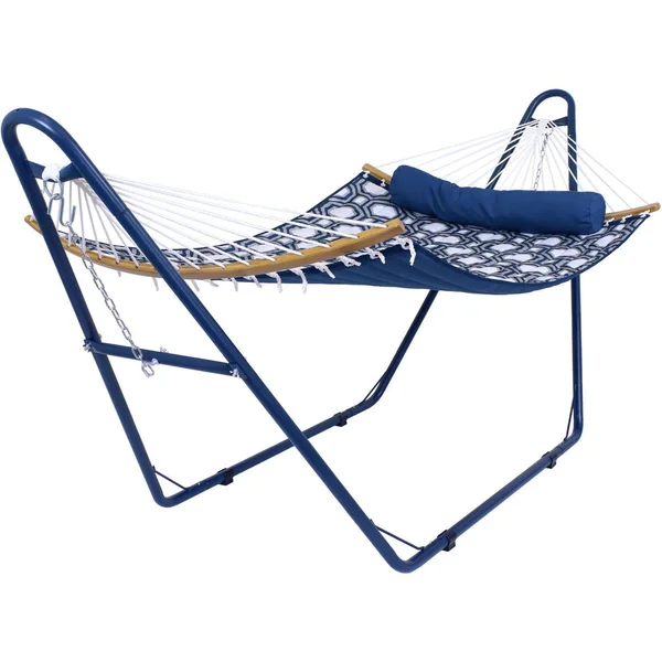 Ultimate Patio Quilted Double Hammock w/ Universal Multi-Use Stand & Pillow - Navy and Gray Octagon