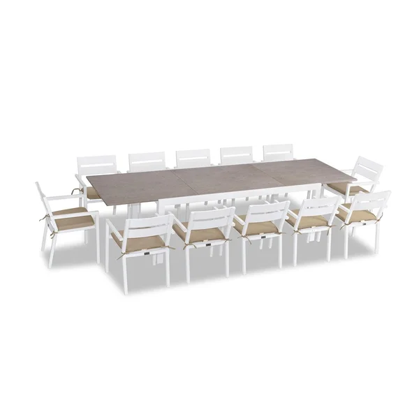 Calm Bay 13 Pc Extendable Aluminum Dining Set in White/Barnwood/Heather Beige by Lakeview Outdoor Designs