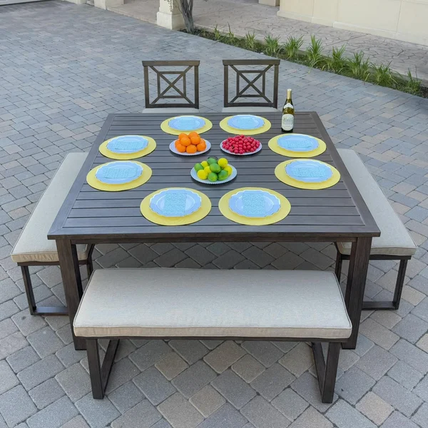 Atlantis 6 Pc Aluminum Dining Set w/ 2 Dining Side Chairs & 3 Two Person Benches in Walnut/Beige by Darlee