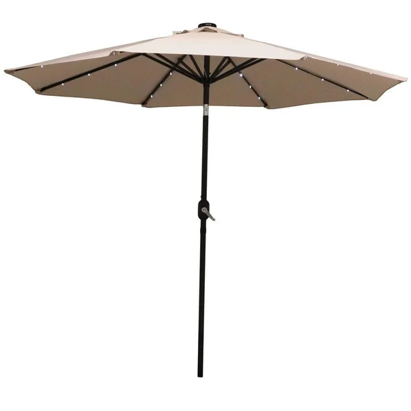 Ultimate Patio 9 Ft. Solar Lighted Octagonal Aluminum Patio Market Umbrella W/ Crank & Tilt - Black Frame & Beige Polyester Canopy