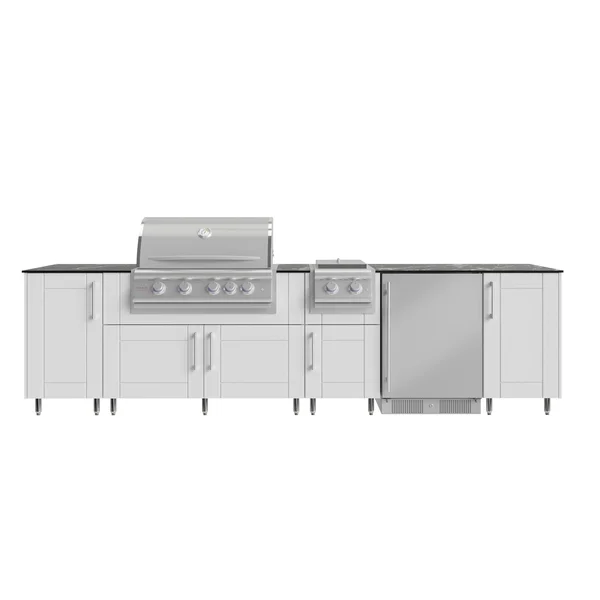 WeatherStrong Nassau 10 1/2 Ft Outdoor Kitchen Island w/ Blaze Natural Gas Grill, Side Burner & Refrigerator in Shell White/Midnight Ice