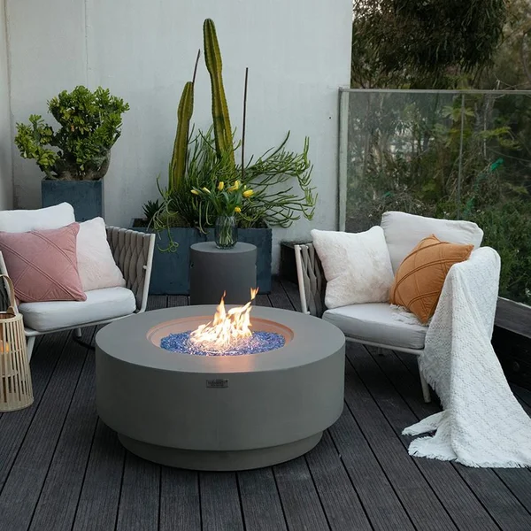 Colosseo 41 Inch Round Concrete Propane Fire Pit Table in Gray by Elementi