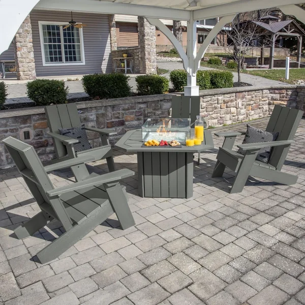 Harborview 5 Pc Recycled Plastic Adirondack Seating Set w/ Fire Pit Table in Coastal Teak by Lakeview Outdoor Designs
