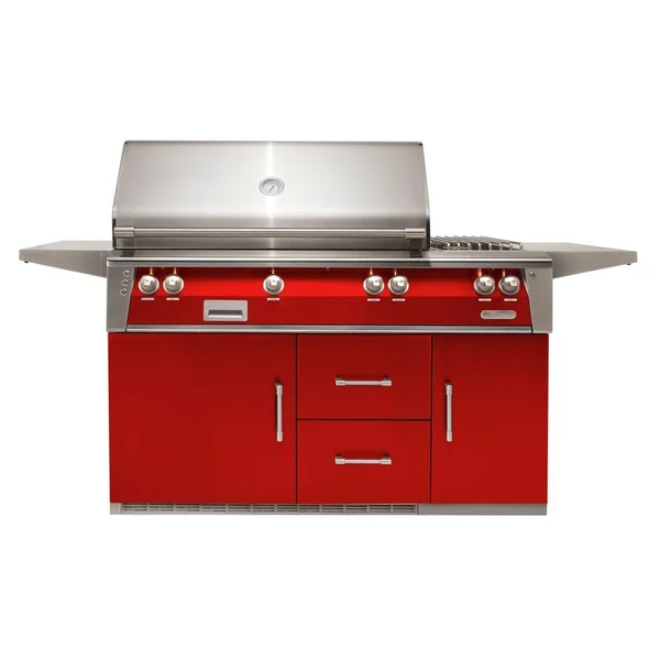 Alfresco ALXE 56-Inch Freestanding Natural Gas Deluxe Grill On Refrigerated Cart With Rotisserie And Side Burner in Carmine Red - ALXE-56R-NG-S3002