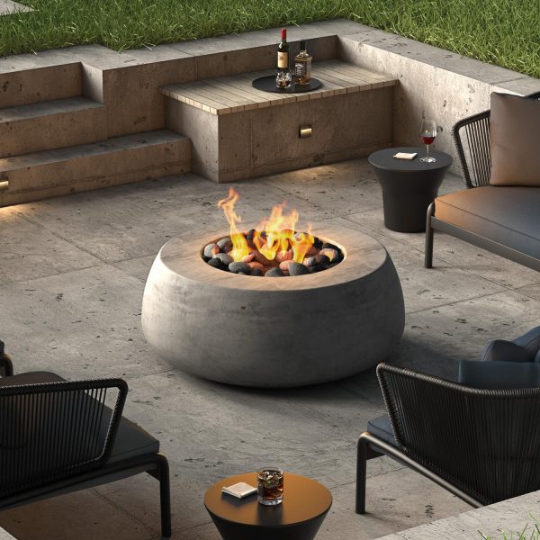 Balance Way 42 Inch Round GFRC Propane Fire Pit Table in Pewter by Lakeview Outdoor Designs