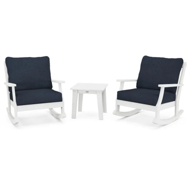 Braxton 3 Pc Recycled Plastic Seating Set w/ Rocking Chairs in White/Marine Indigo by POLYWOOD