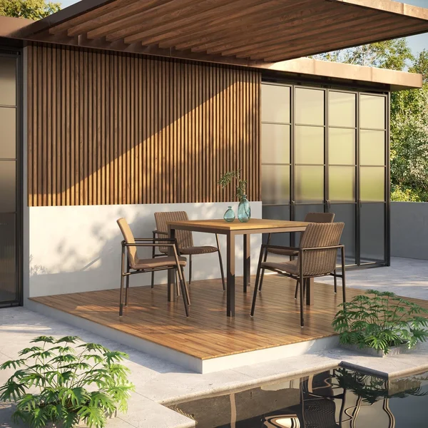 Orso 5 Pc Wicker & Aluminum Arm Chair Dining Set W/ Natural Tekwood Table Top in Carbon/Sand By Oxford Garden