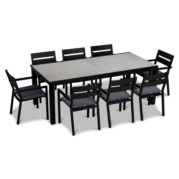 Calm Bay 9 Pc Extendable Aluminum Dining Set in Black/Concrete/Canvas Charcoal by Lakeview Outdoor Designs