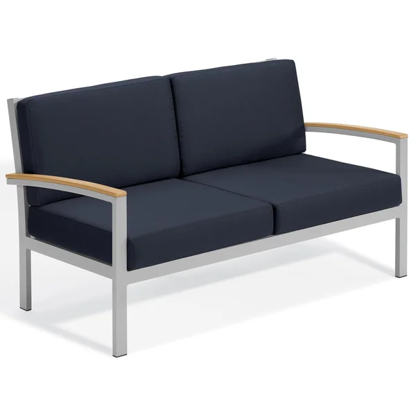 Travira Aluminum Loveseat w/ Natural Tekwood Arm Caps in Flint/Midnight Blue by Oxford Garden