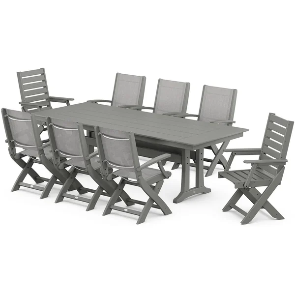 POLYWOOD x BBQGuys Creekside 9 Pc Recycled Plastic Dining Set W/ Parchment Sling in Grey