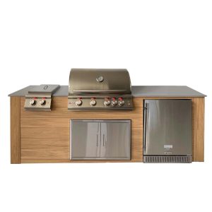 Pro-Fit 8-Foot Outdoor Kitchen Island W/ Blaze LTE 32-Inch Natural Gas Grill, Double Side Burner & Refrigerator - Golden Cypress / Grigio Cemento Satin
