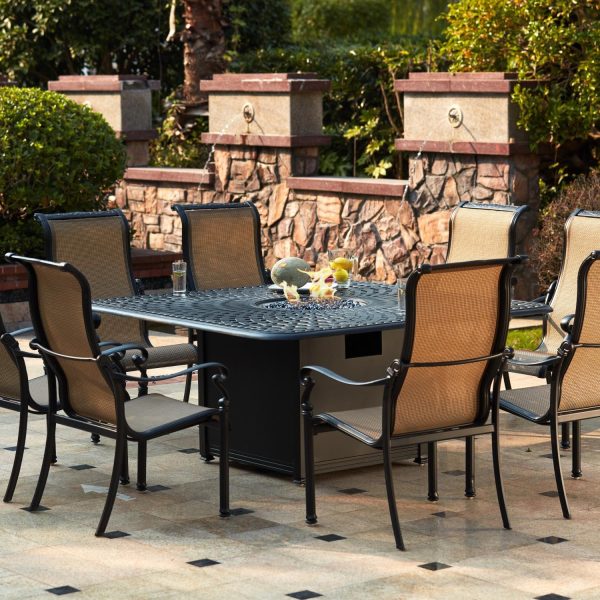 Monterey 9 Pc Cast Aluminum Fire Pit Dining Set w/ 64 Inch Square Signature Table in Antique Bronze/Sesame by Darlee