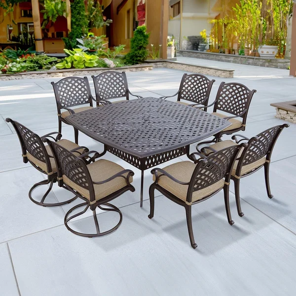 Nassau 9 Pc Cast Aluminum Dining Set w/ 64 Inch Square Series 30 Table & 4 Swivel Rockers in Antique Bronze/Sesame by Darlee