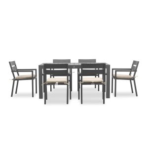 Calm Bay Classic 7 Pc Rectangular Aluminum Dining Set in Slate/Canvas Flax by Lakeview Outdoor Designs