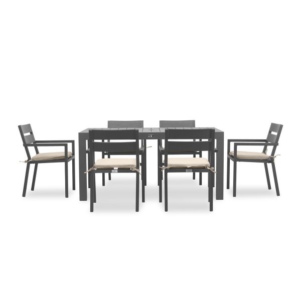 Calm Bay Classic 7 Pc Rectangular Aluminum Dining Set in Slate/Canvas Flax by Lakeview Outdoor Designs