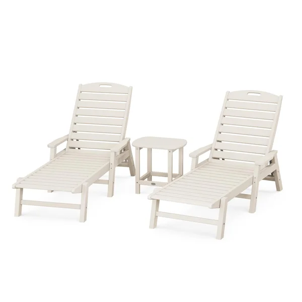 Nautical 3 Pc Set Recycled Plastic Chaise Lounge Set w/ Arms in Sand by POLYWOOD