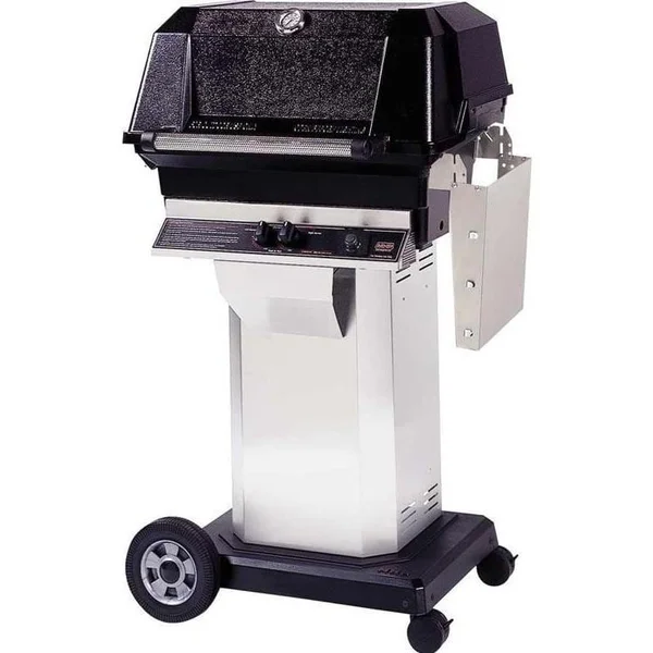 MHP JNR4DD Propane Gas Grill With Stainless Steel Shelves And SearMagic Grids On Stainless Cart