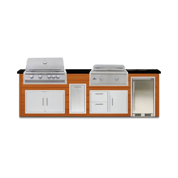 BBQGuys Signature 10 Ft Outdoor Kitchen Island w/ 32 Inch Natural Gas Blaze LTE+ Grill & Griddle & Narrow Trash Bin | Chai Cedar w/ Titanium Granite