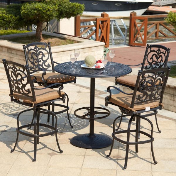Santa Barbara 5 Pc Cast Aluminum Bar Set w/ 42 Inch Round Series 60 Table in Antique Bronze/Sesame by Darlee