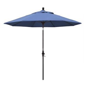 California Umbrella 9 Ft. Octagonal Aluminum Collar Tilt Patio Umbrella W/ Crank Lift & Fiberglass Ribs - Bronze Frame / Frost Blue Canopy