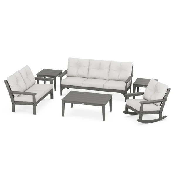 Vineyard 6 Pc Recycled Plastic Seating Set w/ Rocking Chair in Slate Gray/Natural Linen by POLYWOOD