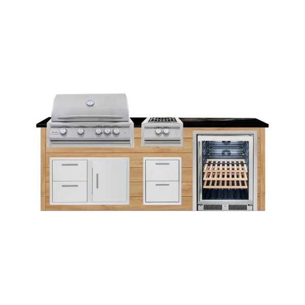 BBQGuys Signature 8 Ft Outdoor Kitchen Island w/ 32 Inch Propane Blaze LTE+ Grill Power Burner & Beverage Center | Sun Bleached Oak w/ Titanium Granite