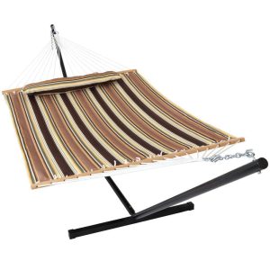 Ultimate Patio Quilted Hammock w/ 12-Foot Stand, Spreader Bar, & Detachable Pillow - Sandy Beach