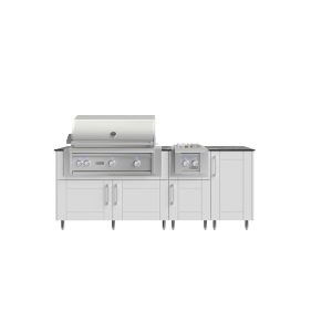 WeatherStrong Abaco 7 Ft Outdoor Kitchen Island w/ Lynx Natural Gas Grill & Side Burner in Shell White/Midnight Ice