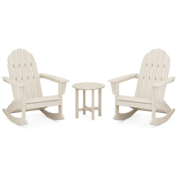 Vineyard 3 Pc Recycled Plastic Adirondack Rocking Chair Set in Sand by POLYWOOD