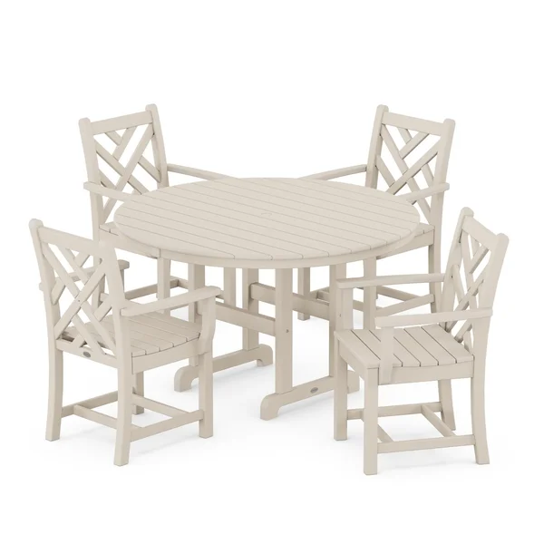 POLYWOOD Chippendale 5-Piece Round Arm Chair Dining Set - Sand