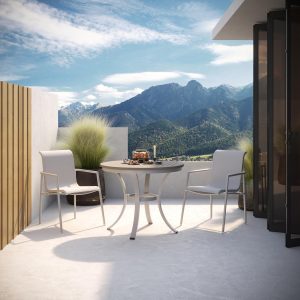 Orso 3 Pc Soft Sling & Aluminum Arm Chair Bistro Set W/ Vintage Tekwood Table Top in Flint/Fog By Oxford Garden