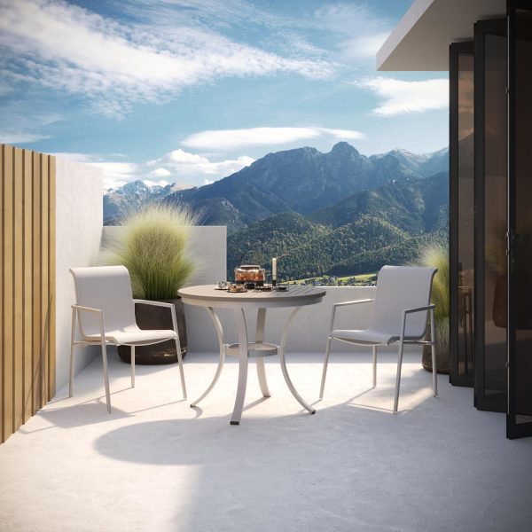 Orso 3 Pc Soft Sling & Aluminum Arm Chair Bistro Set W/ Vintage Tekwood Table Top in Flint/Fog By Oxford Garden