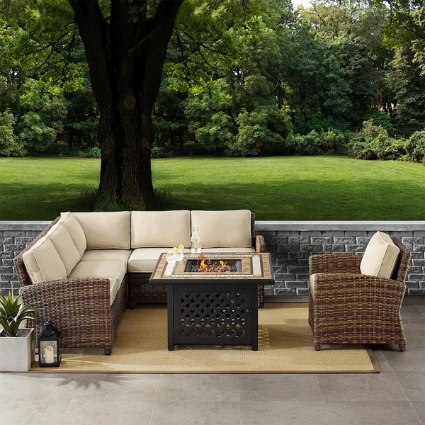 Branchwood 5 Pc Wicker Sectional Seating Set w/ Fire Table & Club Chair in Weathered Brown/Sand by Ultimate Patio