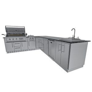 Sunstone Grills Rancher 11 Ft Outdoor Kitchen Island w/ Propane Grill & Side Burner, Sink, Refrigerator, Trash Bin, Door & Drawer
